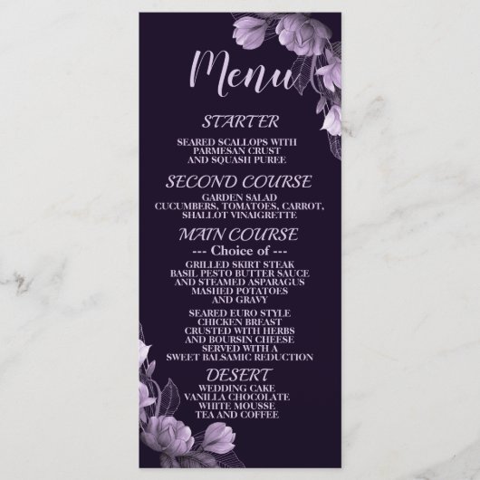 Bruiloft Party Paarse Bloemen Violet Elegant Rusti Menu (Voorkant)