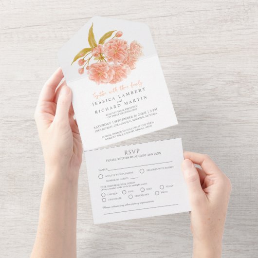 Bruiloft perzik bloesem waterverf maaltijd RSVP All In One Uitnodiging (Afscheurbaar)