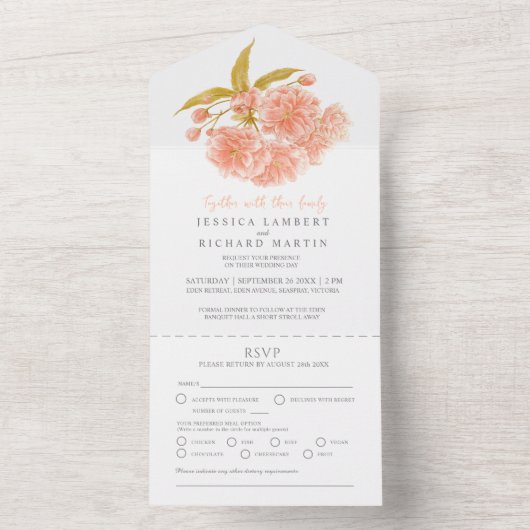 Bruiloft perzik bloesem waterverf maaltijd RSVP All In One Uitnodiging (Binnen)