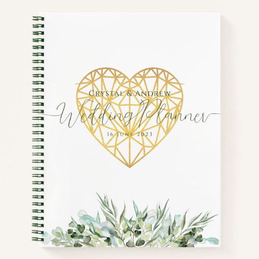 Bruiloft Planner Elegant Wit Goud Hart Bladgroen Notitieboek (Voorkant)