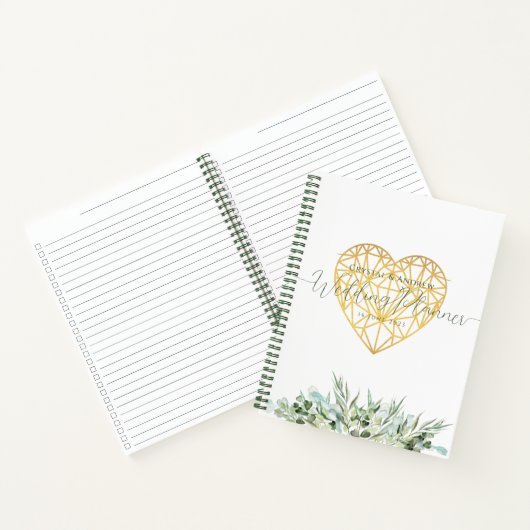 Bruiloft Planner Elegant Wit Goud Hart Bladgroen Notitieboek (Binnen)