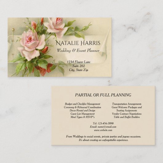 Bruiloft Planner Roze Rozen Elegant Visitekaartje (Voorkant / Achterkant)