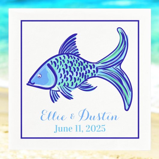 Bruiloft Preppy Blue Fish gepersonaliseerd Servet