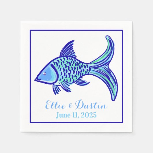 Bruiloft Preppy Blue Fish gepersonaliseerd Servet (Voorkant)