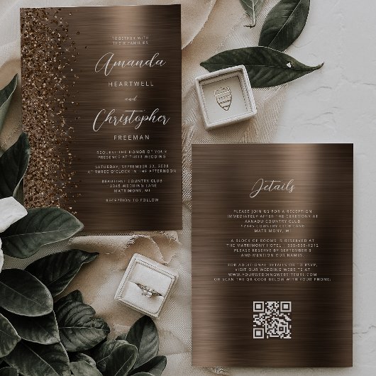 Bruiloft QR Code Bruine Metaal Glitter Uitnodiging