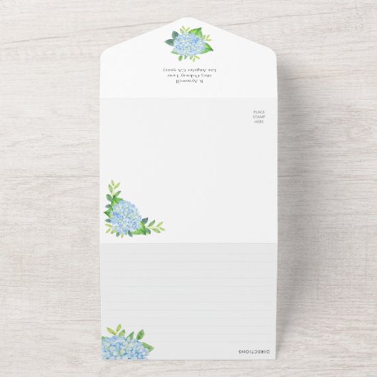 Bruiloft Recept Blauw Hydrangea All In One Uitnodiging (Buitenkant)