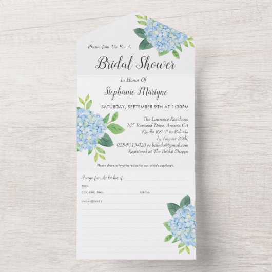 Bruiloft Recept Blauw Hydrangea All In One Uitnodiging (Binnen)