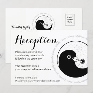 BRUILOFT RECEPTIE UITNODIGING. b/w YinYang duiven Kaart