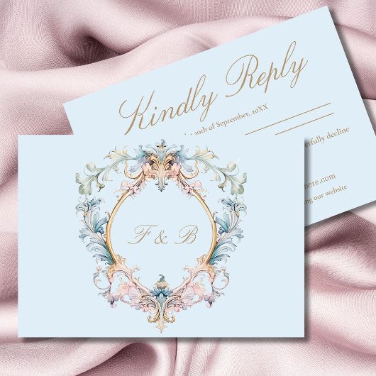 Bruiloft Regency Era Blauw Monogram Elegant Bruilo RSVP Kaartje