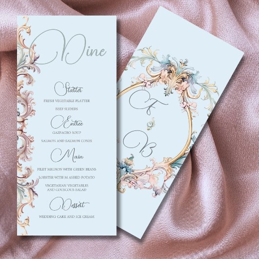 Bruiloft Regency Era Blauw Monogram Menu