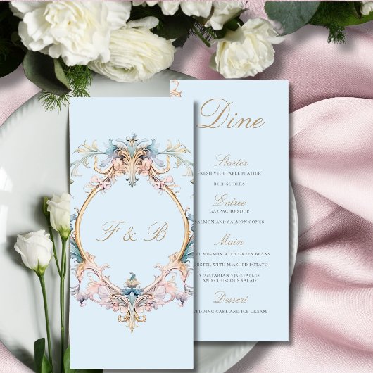 Bruiloft Regency Era Blauw Monogram Menu