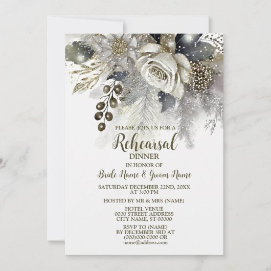 Bruiloft repetitie diner zilveren gouden witte roz kaart (Voorkant)