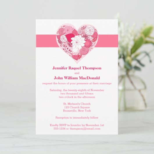 Bruiloft | Roze en wit | Floral | Hart Kaart (Staand voorkant)