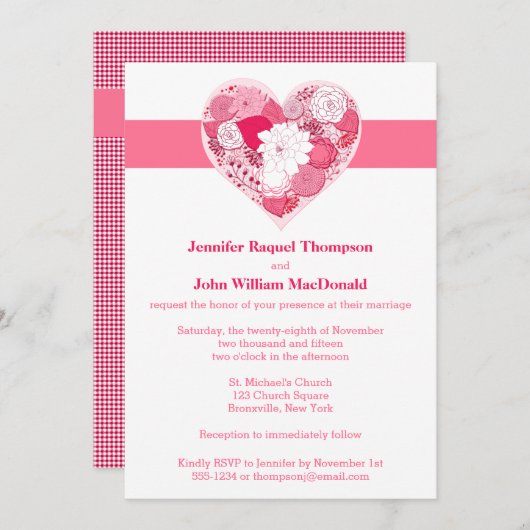 Bruiloft | Roze en wit | Floral | Hart Kaart (Voorkant / Achterkant)