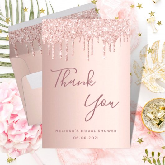 Bruiloft roze gouden glinsterende druppels glamour bedankkaart