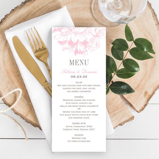 Bruiloft Roze Grijs Bloemen Pioen Bruiloft Diner Menu