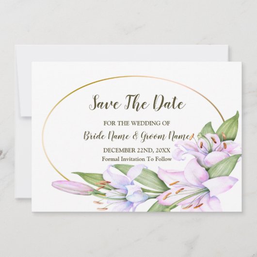 Bruiloft Roze Lelie Bloemen Gouden Lijst Mooi Save The Date (Voorkant)
