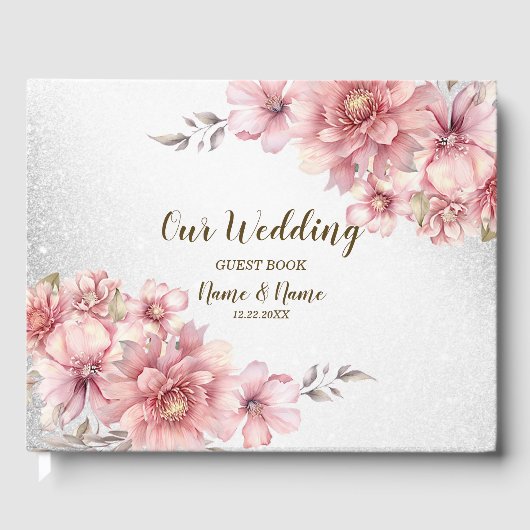 Bruiloft Roze Waterverf Bloem Glanzende Glitter Gastenboek (Voorkant)