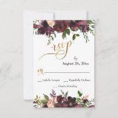 Bruiloft RSVP Deep Red Bourgondië Bloemen Goud Scr (Voorkant)