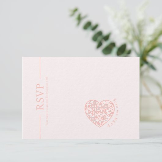 Bruiloft RSVP Kaart Blush Roze hart QR-code (Staand voorkant)