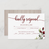 Bruiloft RSVP Kaart Bourgogne Bloemen Rustiek Hout (Voorkant / Achterkant)