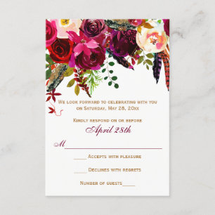 Bruiloft RSVP kaart - Burgundy bloemen, Veren