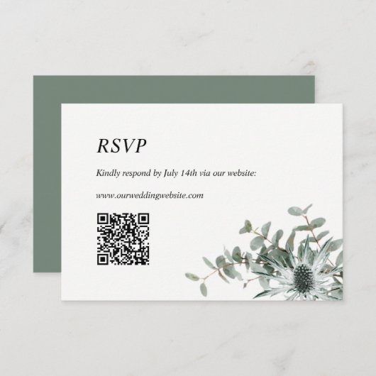 Bruiloft RSVP Kaart met QR Code Sage Groene Distel (Voorkant / Achterkant)