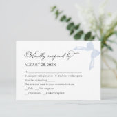 Bruiloft RSVP Kaarten | Dusty Blue Bow kalligrafie (Staand voorkant)