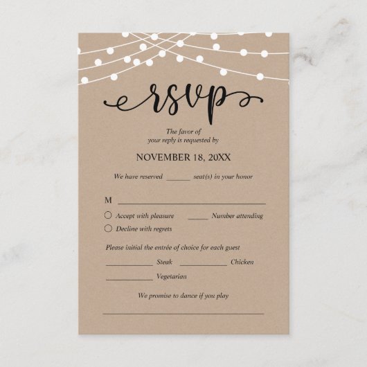 Bruiloft RSVP, Maaltijdopties, Kraft String Lights Informatiekaartje (Voorkant)
