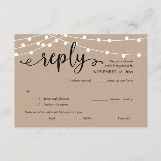 Bruiloft RSVP, Maaltijdopties, Kraft String Lights Informatiekaartje (Voorkant)