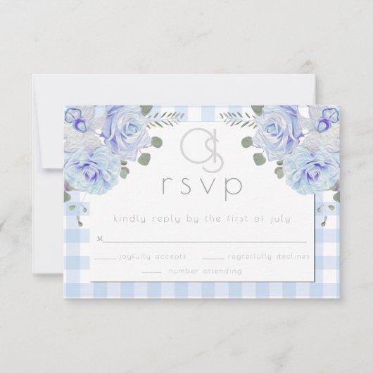 Bruiloft RSVP |  Monogram Blauw Gingham Bloemen Kaartje (Voorkant)