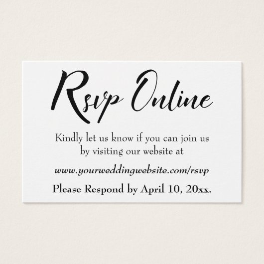 Bruiloft RSVP Online invoegen Zwart Script, Wit, 1 Visitekaartjes (Voorkant)