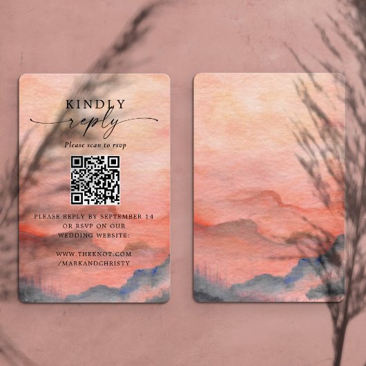 Bruiloft RSVP QR Code Zonsondergang Berg Informatiekaartje