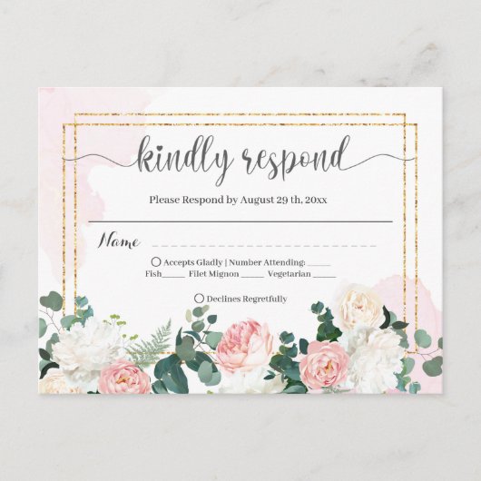 Bruiloft RSVP retro waterverf roze en bloemen Briefkaart (Voorkant)