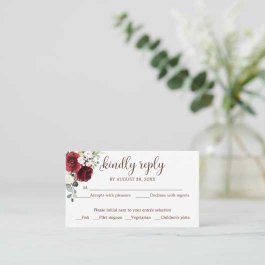 Bruiloft RSVP Rustiek Hout Bourgogne Bloemen Informatiekaartje (Staand voorkant)