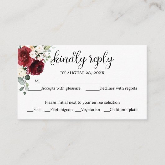 Bruiloft RSVP Rustiek Krijt Bourgogne Bloemen Informatiekaartje (Voorkant)