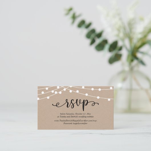 Bruiloft RSVP, rustieke Kraft String Lights Informatiekaartje (Staand voorkant)