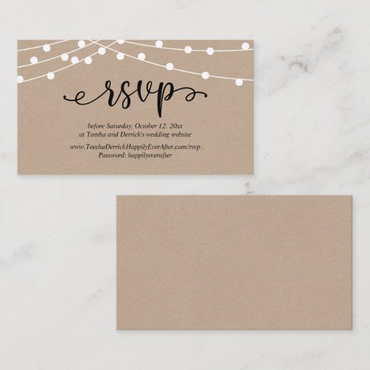 Bruiloft RSVP, rustieke Kraft String Lights Informatiekaartje (Voorkant / Achterkant)