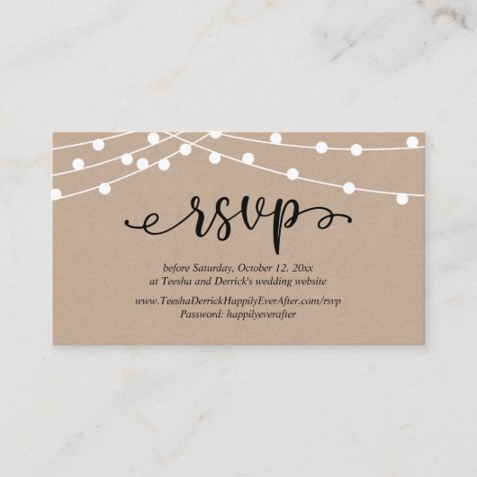 Bruiloft RSVP, rustieke Kraft String Lights Informatiekaartje (Voorkant)