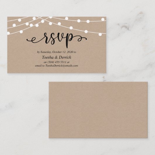 Bruiloft RSVP, rustieke Kraft String Lights Informatiekaartje (Voorkant / Achterkant)