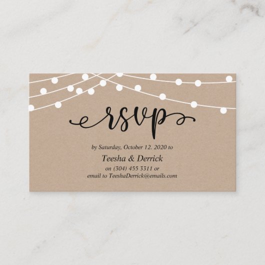 Bruiloft RSVP, rustieke Kraft String Lights Informatiekaartje (Voorkant)