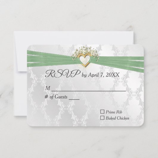 Bruiloft RSVP Sage Lint In Hart Op Satijn (Voorkant)