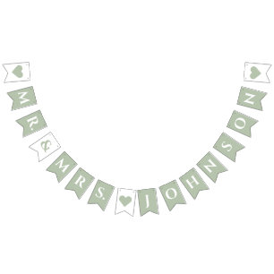 Bruiloft Sage Groen 7 Letter Naam Mr & Mrs Hearts Vlaggetjes