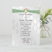 Bruiloft Sage Groen Lint In Hart Op Satijn Kaart (Staand voorkant)