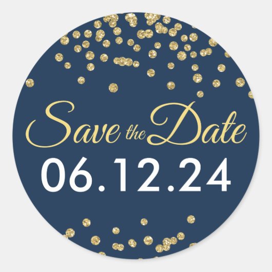 Bruiloft Save The Date Gold Glitter Confetti Navy Ronde Sticker (Voorkant)