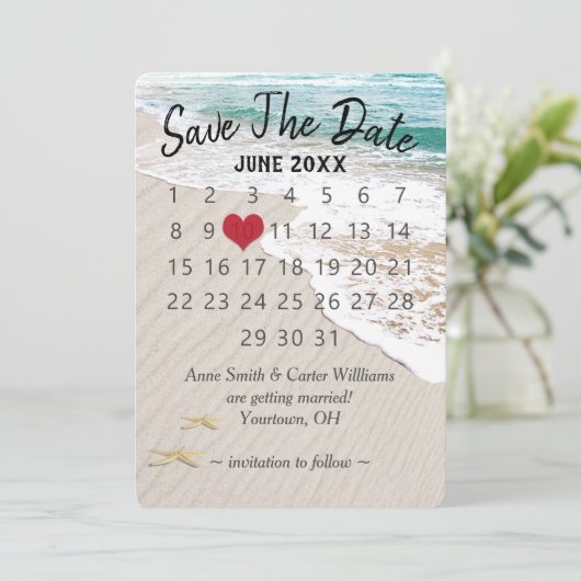 Bruiloft Save the Date Kalender op Ocean Seashore Kaart (Staand voorkant)