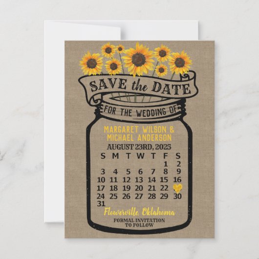 Bruiloft Save the Date Mason Jar Augustus 2025 Magnetische Uitnodiging (Voorkant)