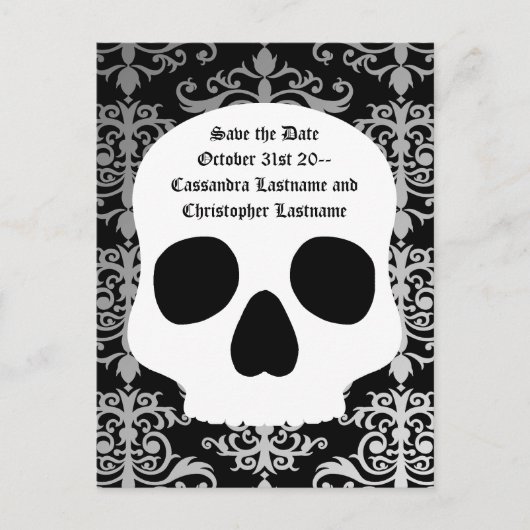 Bruiloft schedel damast | De datum opslaan Aankondigingskaart (Voorkant)