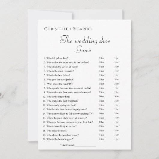 Bruiloft schoen spel bachelorette partij spel Kaar Aankondiging (Voorkant)