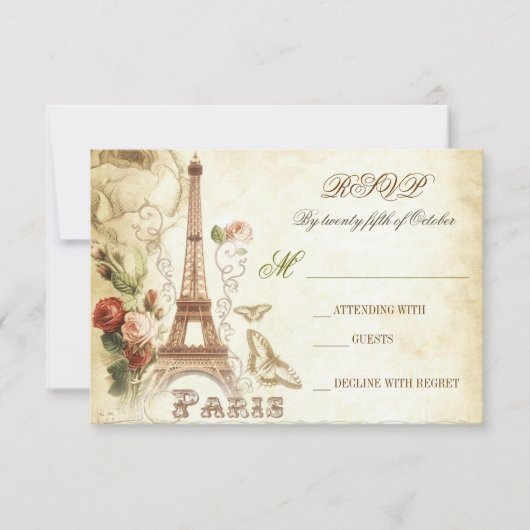 Bruiloft shabby RSVP kaarten - PARIS FRANKRIJK (Voorkant)